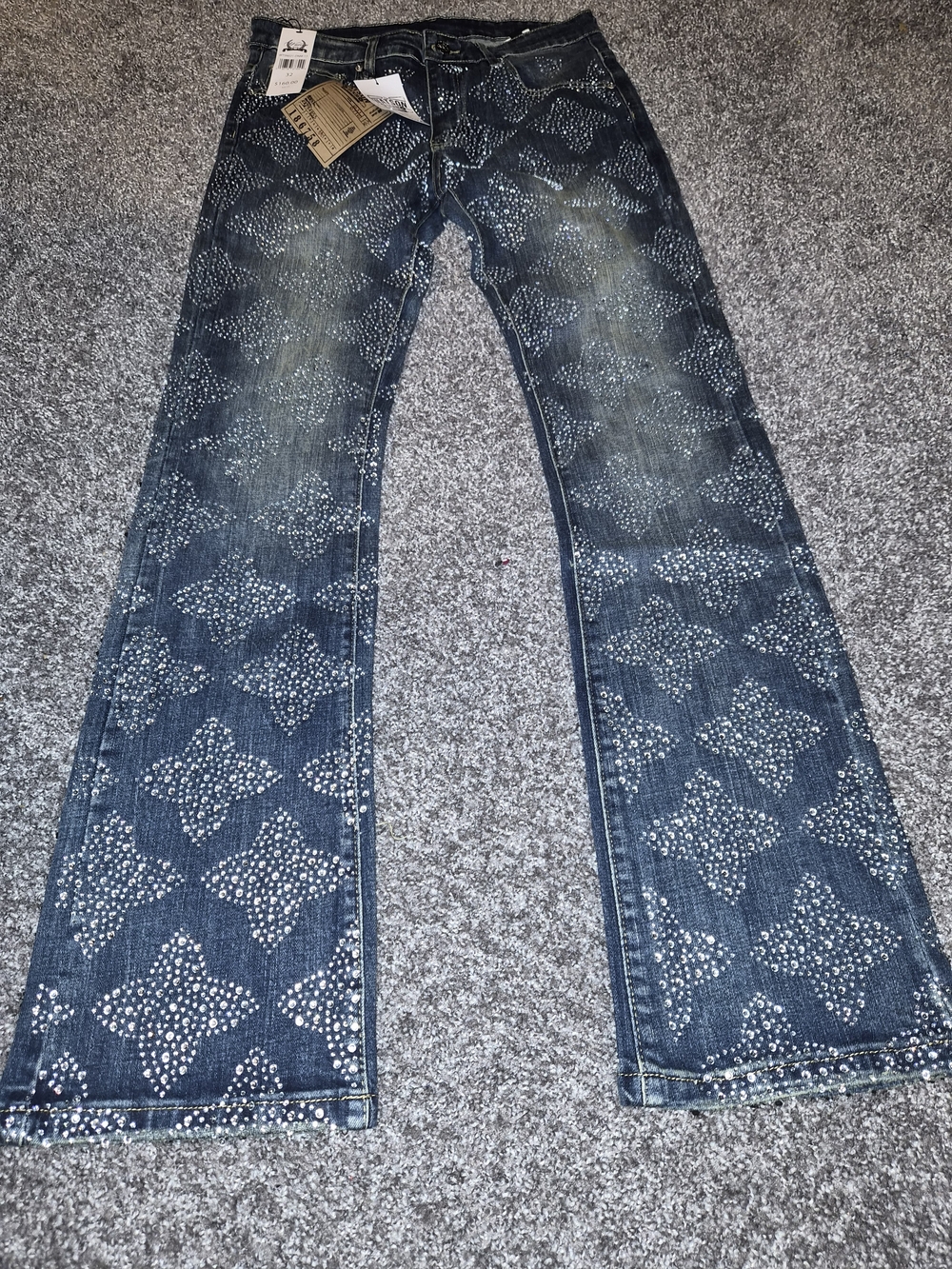 Men's Straight Dark Blue Embellished Jeans
